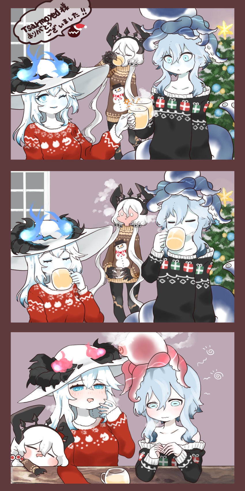 3girls, @_@, absurdres, abyssal_ship, aqua_eyes, blush, christmas, christmas_sweater