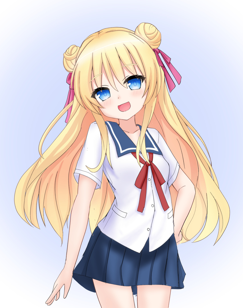 1girl, absurdres, blonde_hair, blue_eyes, blue_sailor_collar, blue_skirt, breasts, claudina_skylark_(mousugu_natsuyasumi!_2), collarbone, double_bun, hair_bun, hair_ribbon, highres, long_hair, mousugu_natsuyasumi!_2, nayanaiti, open_mouth, pink_ribbon, ribbon, sailor_collar, skirt, smile, solo, source_request, white_background