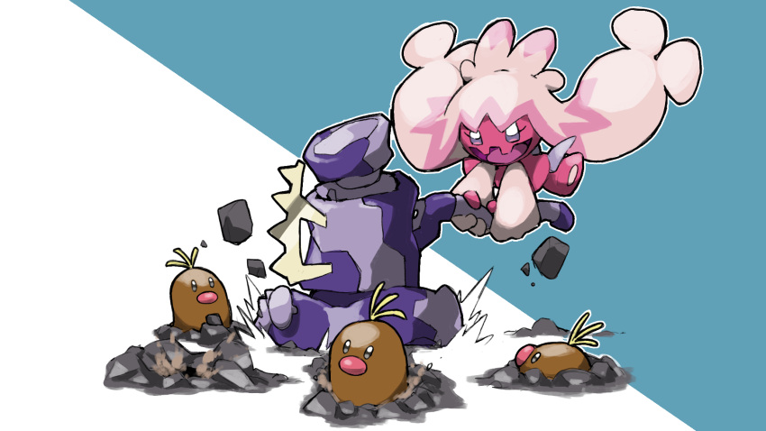 alolan_diglett, blacknirrow, blue_background, commentary, debris, english_commentary, hammer, highres, holding, holding_hammer, jumping, no_humans, open_mouth, outline, pokemon, pokemon_(creature), simple_background, smile, tinkaton, two-tone_background, whac-a-mole, white_background, white_outline