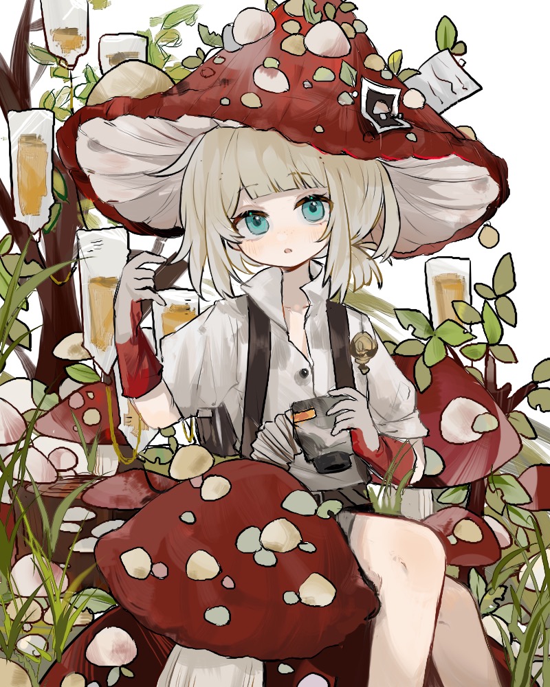 1boy, :o, blonde_hair, blue_eyes, ezra_theodore, feet_out_of_frame, giant_mushroom, gloves, grass, hand_up, hat, looking_at_viewer, low_ponytail, male_focus, mushroom, mushroom_hat, plant, red_gloves, red_hat, reverse:1999, shirt, short_hair, short_ponytail, sitting, sleeves_rolled_up, solo, too_many_mushrooms, white_background, white_shirt, zhizhi_(surri79797)