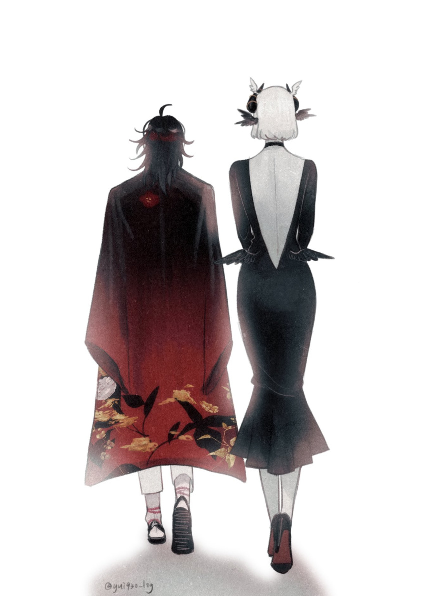 1boy, 1girl, ahoge, backless_dress, backless_outfit, black_choker, black_dress, black_hair