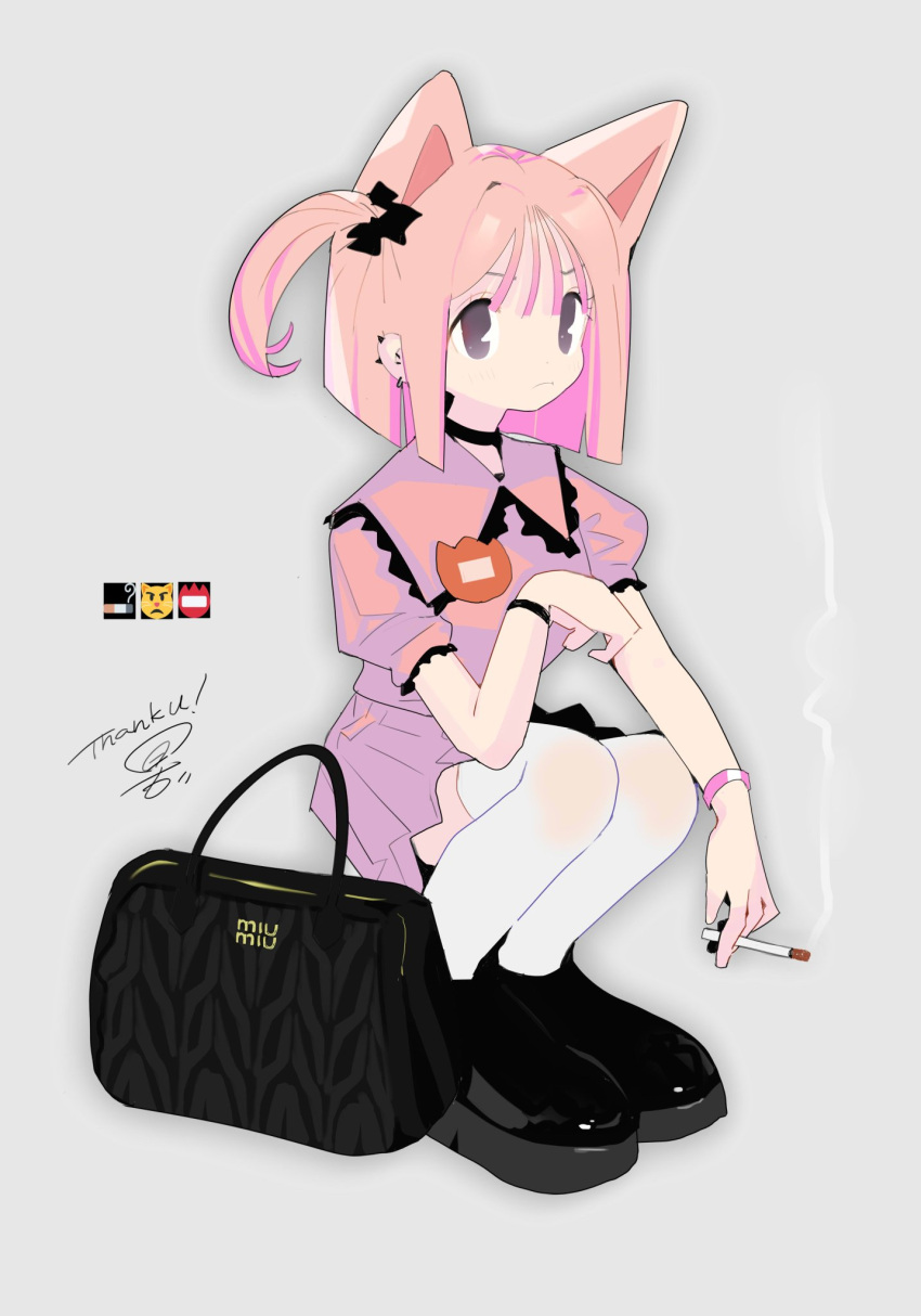 1girl, animal_ears, bag, blunt_ends, bracelet, brown_eyes, cat_ears, cat_girl, choker, cigarette, collared_shirt, ear_piercing, emoji, frilled_shirt_collar, frills, frown, full_body, handbag, highres, holding, holding_cigarette, jewelry, maymay_pic, miu_miu_(brand), name_tag, one_side_up, original, piercing, pink_hair, shirt, short_hair, short_sleeves, skirt, smoke, smoking, solo, squatting, thank_you, thigh-highs, three_emoji_challenge