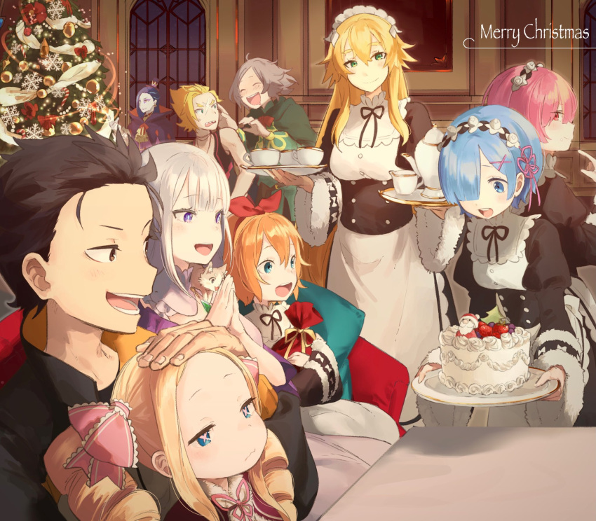 4boys, 6+girls, 8_humi, beatrice_(re:zero), black_hair, blonde_hair, blue_eyes, blue_pupils