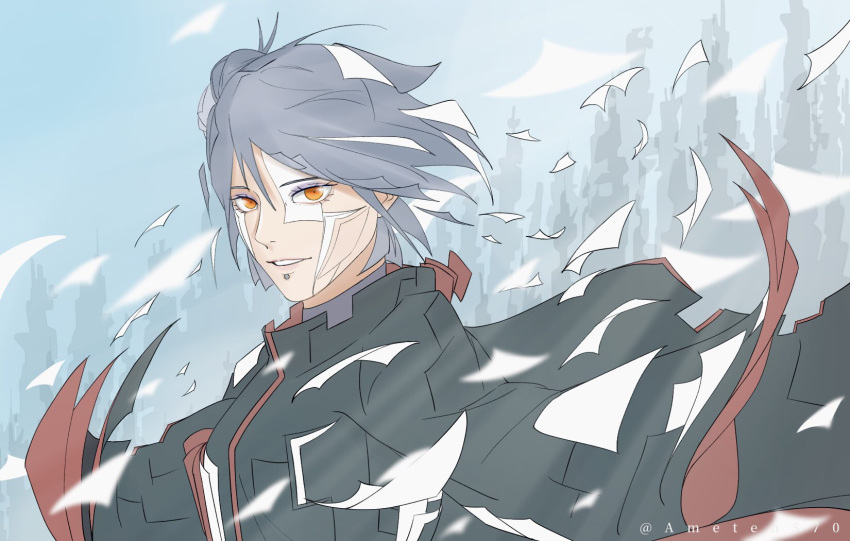 1girl, akatsuki_uniform, blue_sky, eyelashes, eyeshadow, from_side, grey_hair, hair_bun