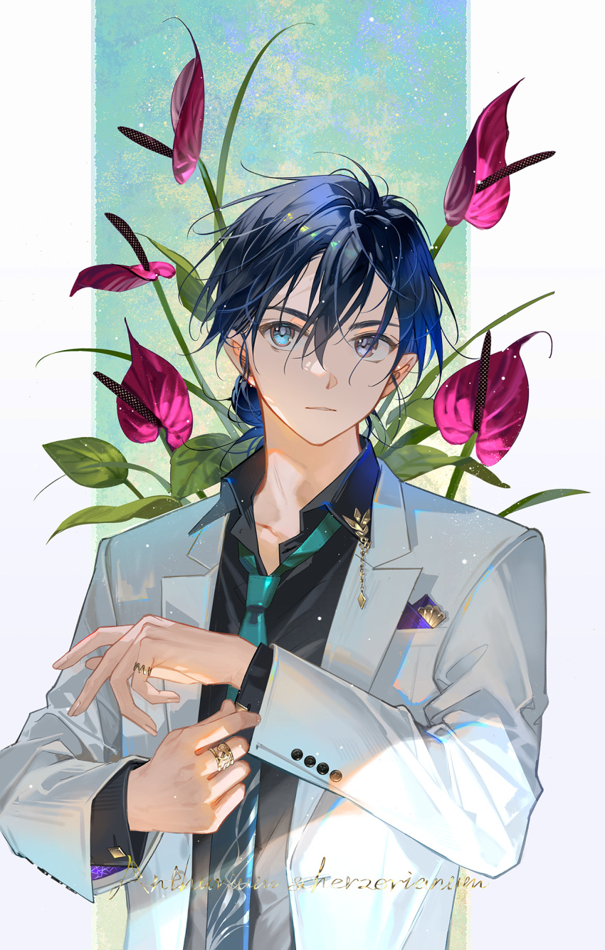 1boy, adjusting_sleeves, ajiro_shinpei, anthurium, aqua_eyes, aqua_necktie, black_shirt, blue_hair