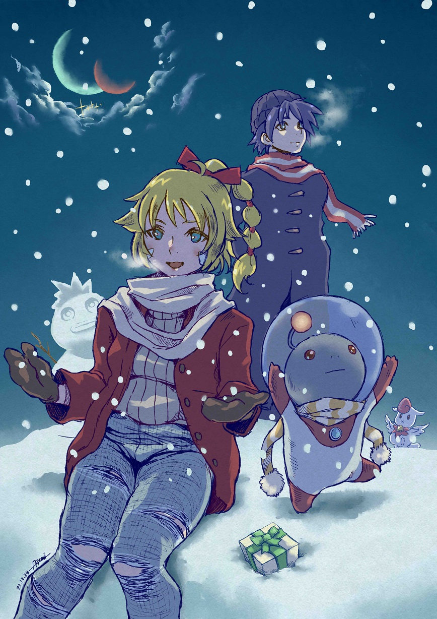 blonde_hair, christmas, chrono_cross, closed_mouth, dated, denim, highres, jeans