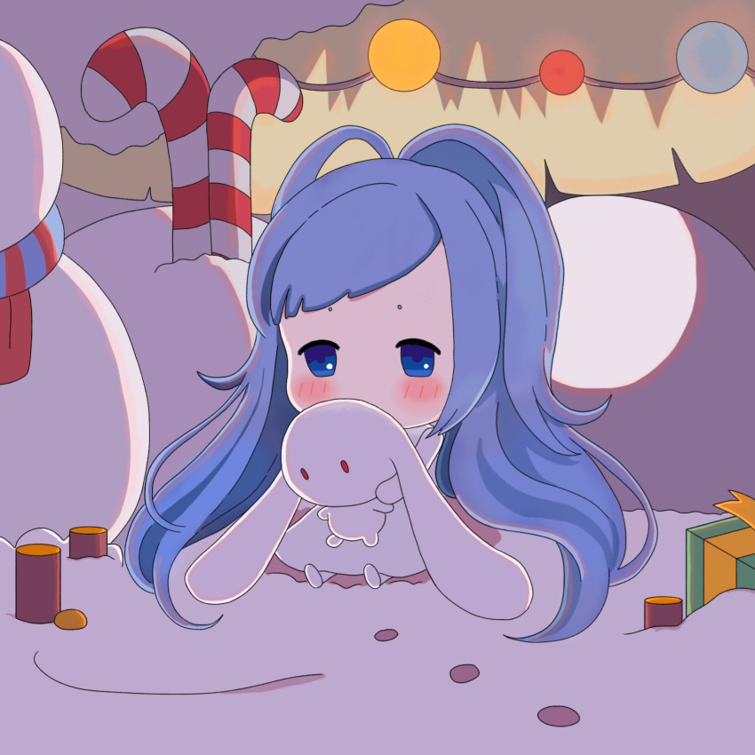 1girl, ahoge, blue_eyes, blue_hair, blush, box, candy, candy_cane, chibi, christmas, christmas_tree, daer_maodou_(roco_kingdom:world), food, gift, gift_box, highres, long_hair, looking_at_viewer, luoke_wangguo, roco_kingdom:world, scarf, snowman, solo, stuffed_animal, stuffed_toy, very_long_hair, xueying_wawa_(roco_kingdom:world), yuwanc