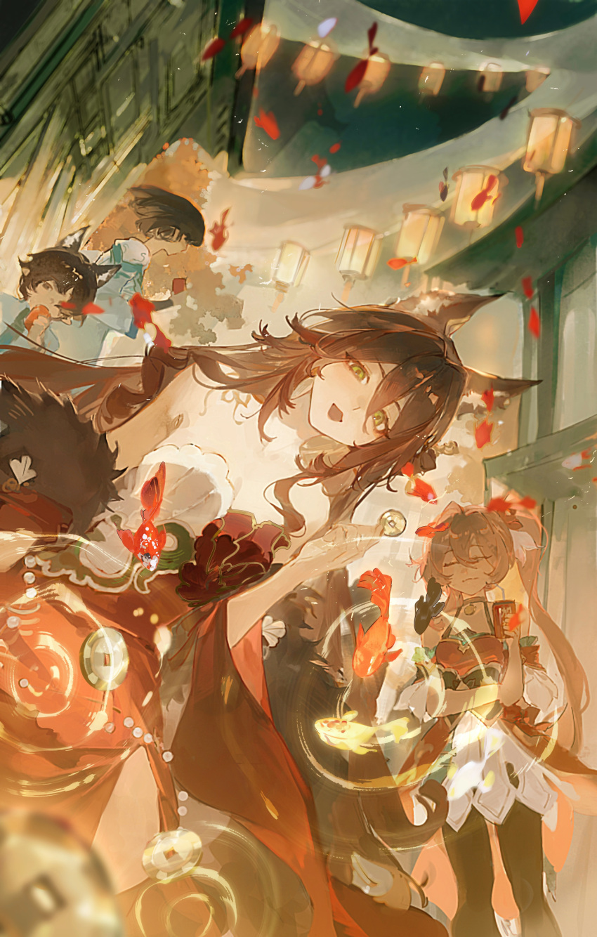 1boy, 2girls, 3girls, absurdres, ali_duo_mu, animal_ears, bare_shoulders, black_hair