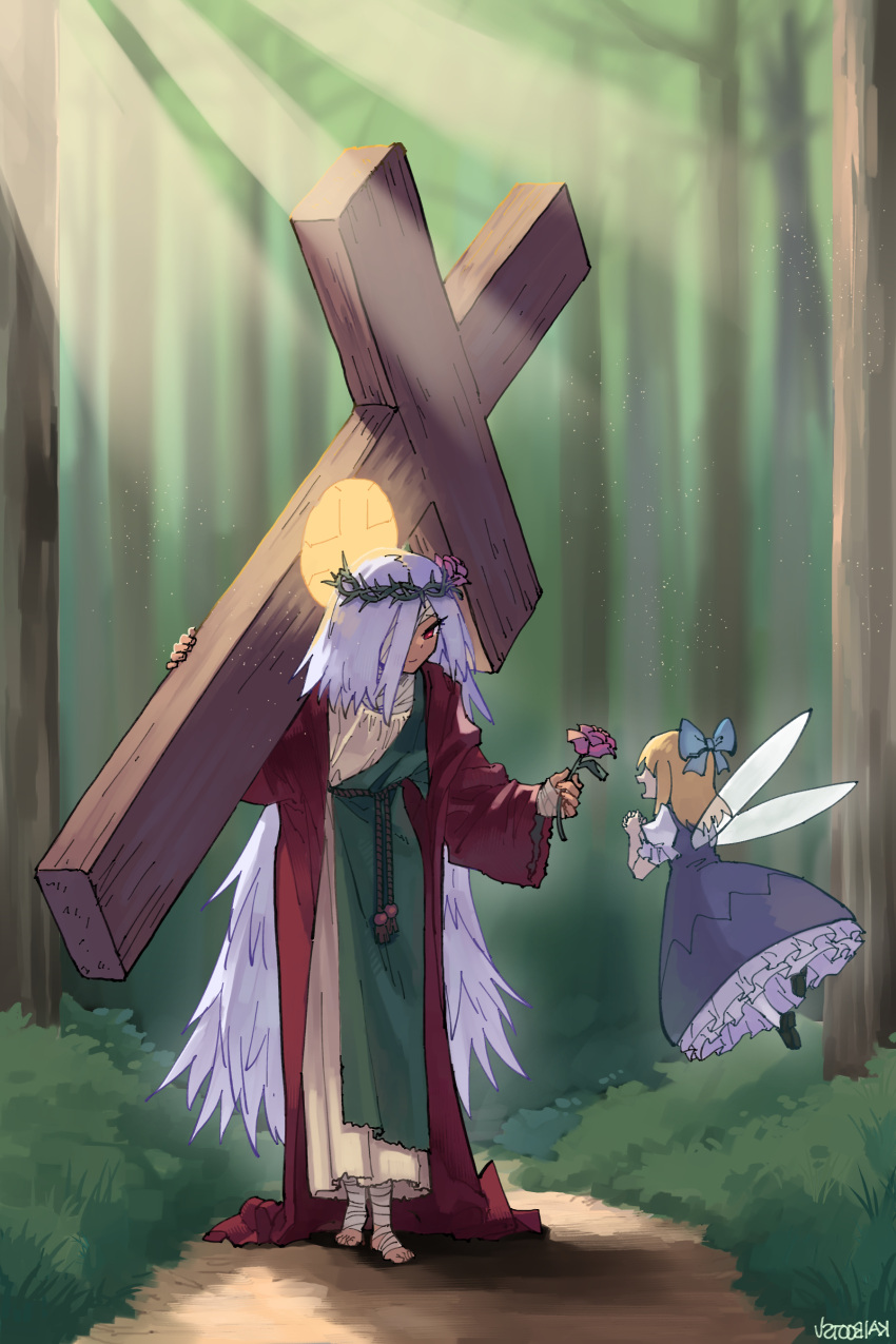 2girls, absurdres, bandage_over_one_eye, bandaged_foot, bandaged_hand, bandaged_head, bandages, blonde_hair