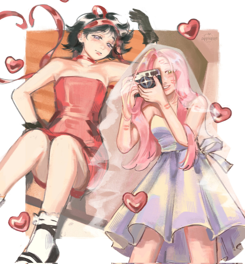 2girls, alien_stage, alternate_costume, applepsps, artist_logo, artist_name, bare_shoulders, black_footwear