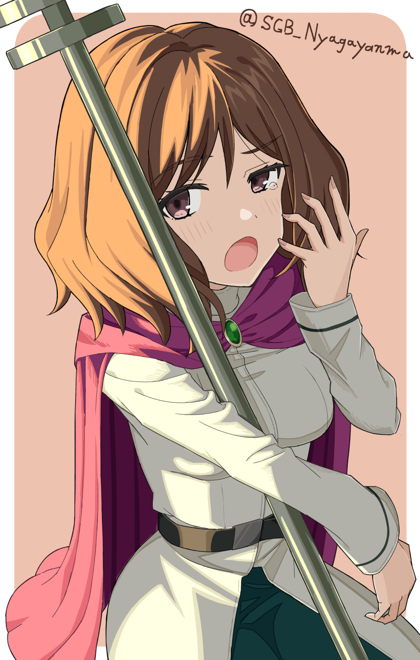1girl, absurdres, artist_name, belt, black_belt, breasts, brooch, brown_eyes