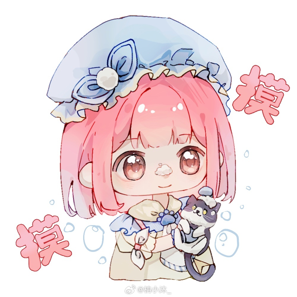 1girl, animal, apron, blue_bow, blue_gloves, blue_hat, blue_shirt, blunt_ends