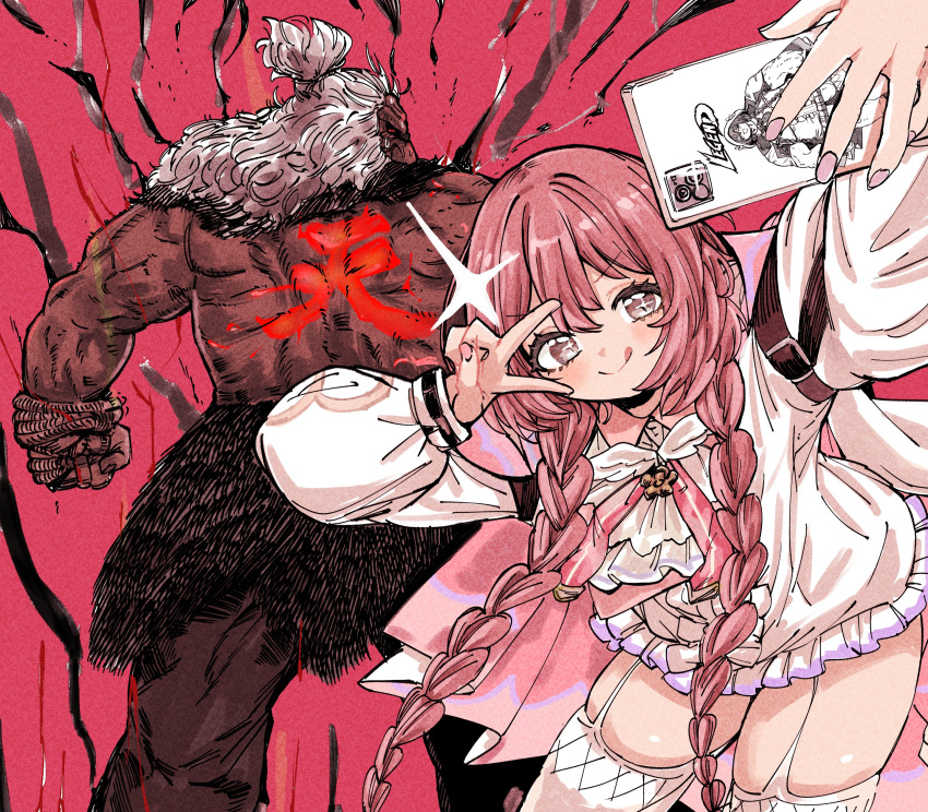 1boy, 1girl, :p, absurdres, akuma_(street_fighter), amayui_moka, braid, brown_hair, cellphone, cloak, cowboy_shot, dark-skinned_male, dark_skin, double-parted_bangs, dress, frilled_dress, frills, from_behind, fur_skirt, garter_straps, grey_eyes, hair_between_eyes, hand_over_eye, heaven_(kanji), highres, holding, holding_rope, igawa20000volt, leaning_forward, long_hair, long_sleeves, looking_back, muscular, phone, pink_cloak, puffy_sleeves, red_background, red_eyes, rope, selfie, shun_goku_satsu, smartphone, street_fighter, street_fighter_6, suspenders, sweatdrop, tassel, thigh-highs, tongue, tongue_out, topknot, topless_male, twin_braids, v, v-shaped_eyebrows, virtual_youtuber, vspo!, white_dress, white_hair, white_thighhighs
