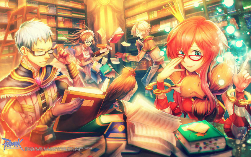 2boys, 2girls, adjusting_eyewear, alchemist_(ragnarok_online), animal_around_neck, apron, bangle, black-framed_eyewear