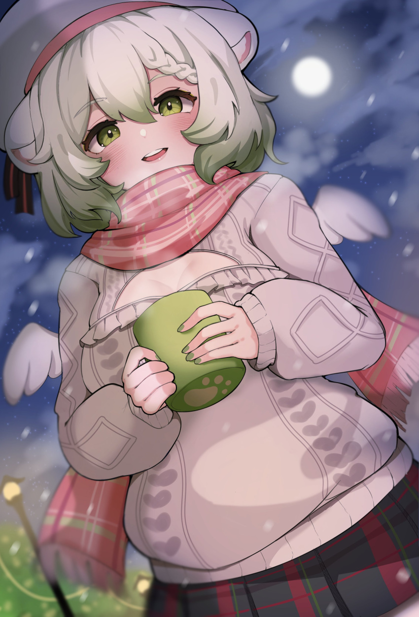 absurdres, animal_ears, beret, blush, cleavage_cutout, clothing_cutout, cup, ferret