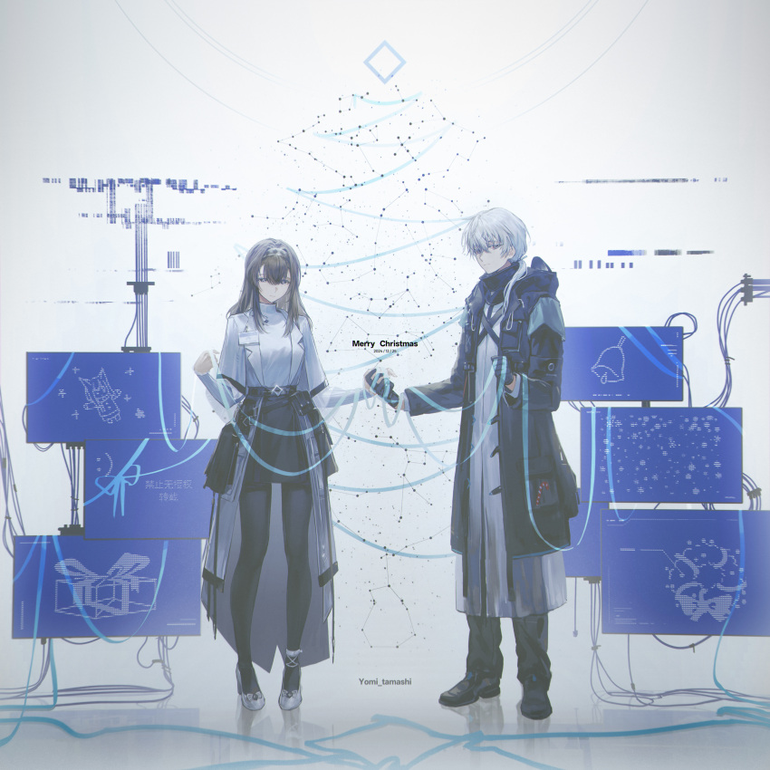 1boy, 1girl, absurdres, arknights, black_footwear, black_hairband, black_jacket, black_skirt