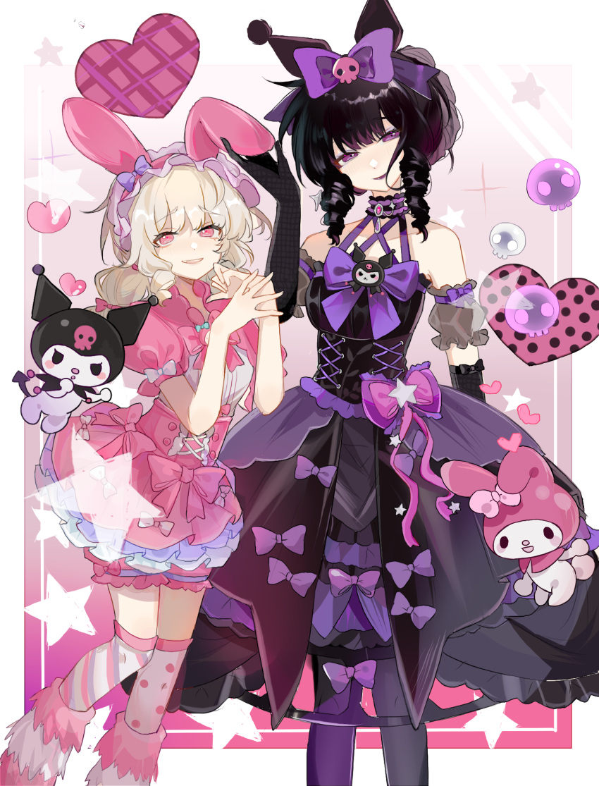 2girls, animal_ears, bare_shoulders, black_dress, black_gloves, black_hair, black_pantyhose, blonde_hair, boots, border, bow, bowtie, closed_mouth, dress, dress_bow, drill_hair, drill_sidelocks, elbow_gloves, fake_animal_ears, feet_out_of_frame, fur_boots, gloves, grin, hair_bow, hair_bun, hair_ornament, half-closed_eyes, hand_up, hands_up, heart, highres, identity_v, layered_skirt, lily_barriere, lolita_fashion, long_hair, looking_at_viewer, low_twintails, mary_(identity_v), mary_(merry_kuromi)_(identity_v), medium_dress, miniskirt, multiple_girls, my_melody, official_alternate_costume, onegai_my_melody, outside_border, pantyhose, pink_background, pink_eyes, pink_shorts, pink_skirt, pink_sleeves, puffy_short_sleeves, puffy_sleeves, purple_bow, purple_bowtie, purple_lips, rabbit_ears, sanrio, shirt, short_hair, short_sleeves, shorts, shorts_under_skirt, sidelocks, skirt, skull_hair_ornament, sleeveless, sleeveless_dress, smile, standing, star_(symbol), thigh-highs, twintails, violet_eyes, white_border, white_shirt, white_thighhighs, zhizhi_(surri79797)
