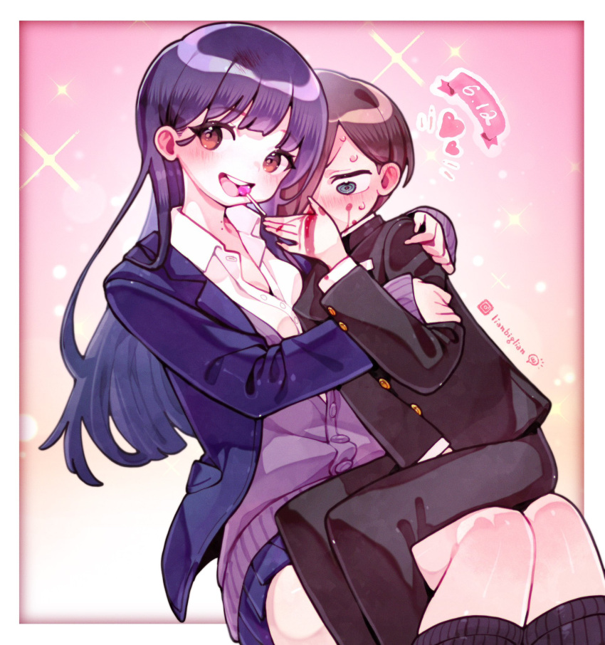 1boy, 1girl, aroused_nosebleed, artist_name, blood, boku_no_kokoro_no_yabai_yatsu, brown_hair, couple