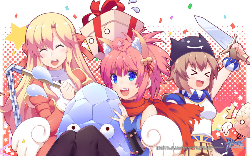 >_<, 3girls, :d, angel_wings, animal_ears, bell, blonde_hair, bloodshot_eyes
