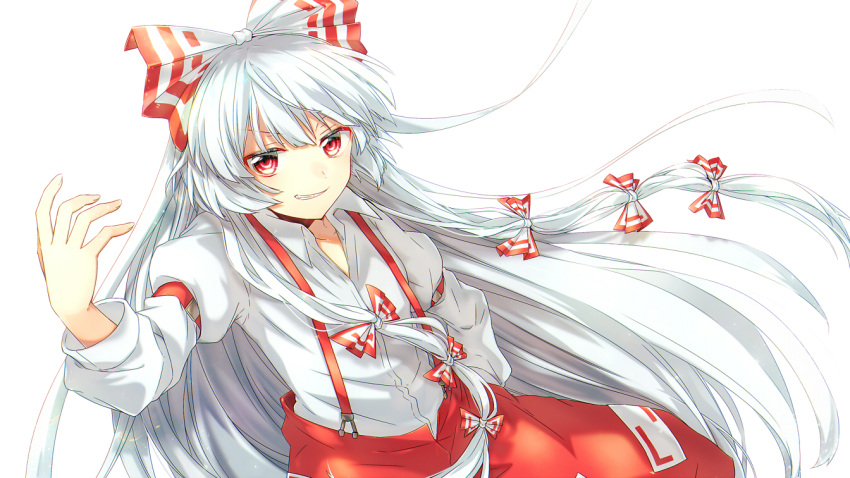 1girl, aka_tonbo_(lililil), arm_up, bow, collared_shirt, commentary_request, dutch_angle, fujiwara_no_mokou