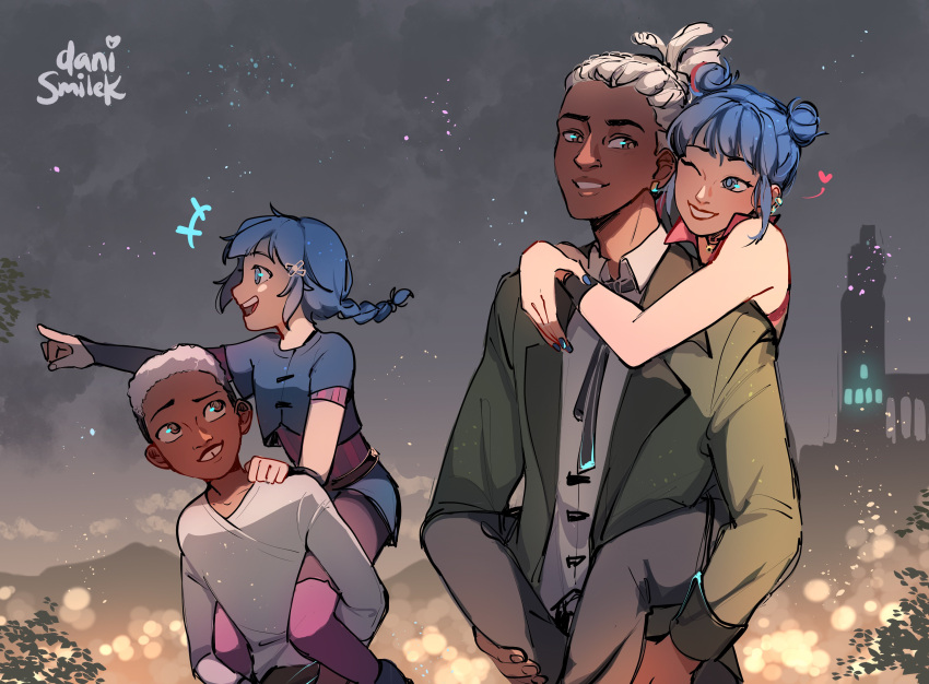 2boys, 2girls, absurdres, arcane:_league_of_legends, artist_name, bare_shoulders, blue_eyes, blue_hair