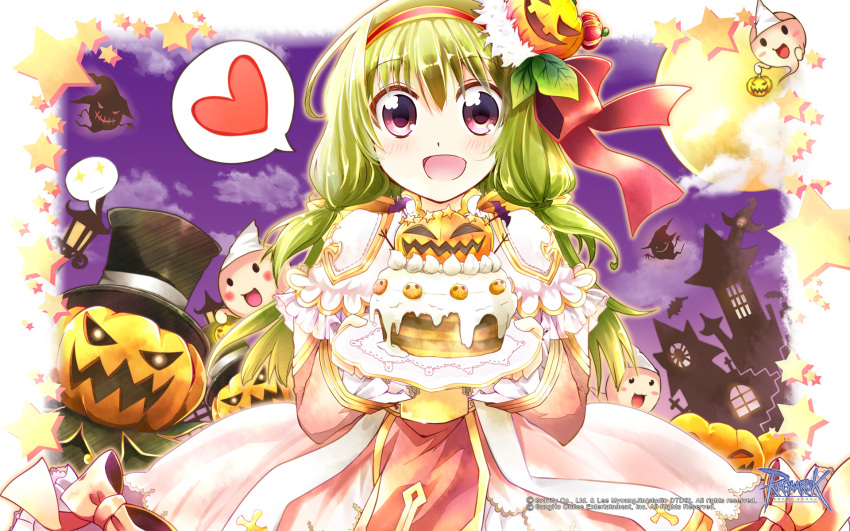 1girl, 1other, :d, arch_bishop_(ragnarok_online), black_hat, blush, bow, cake