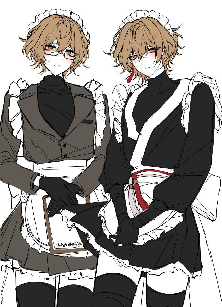 2boys, absurdres, adapted_costume, alternate_costume, apron, black_gloves, black_thighhighs, blade_lineage_(identity)_(project_moon)