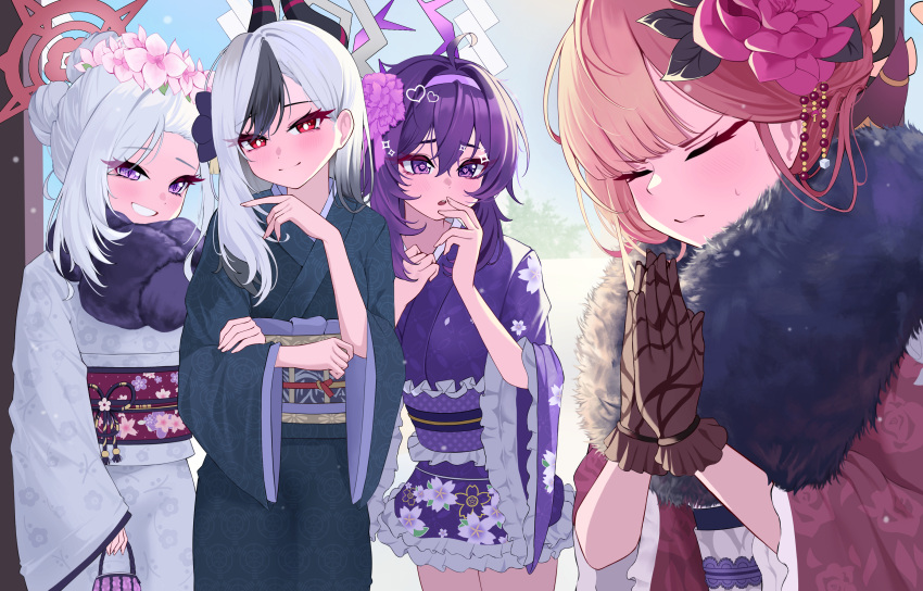 4girls, 82jhin, absurdres, aru_(blue_archive), aru_(new_year)_(blue_archive), blue_archive, gloves, hair_ornament