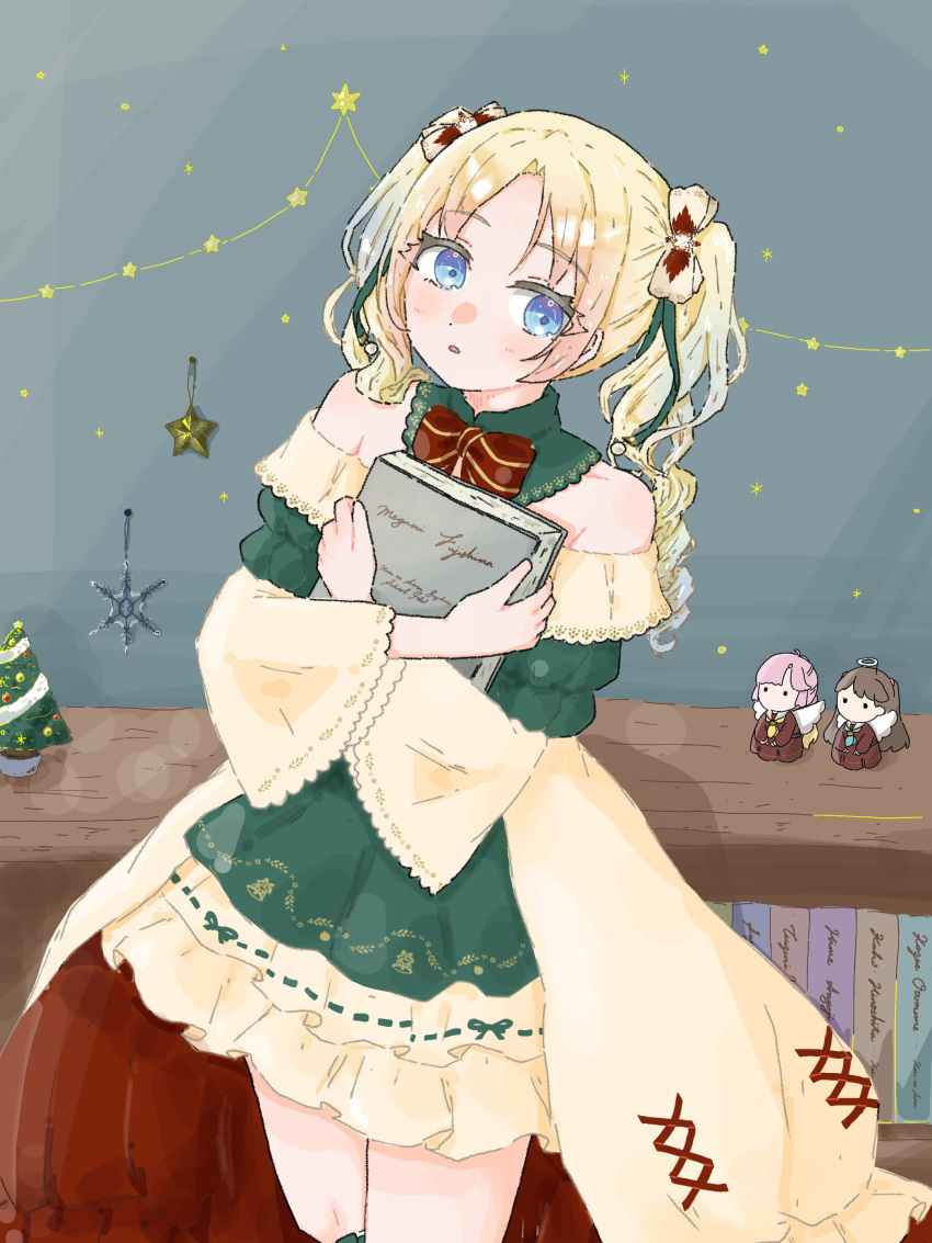 1girl, absurdres, anyoji_hime, aqua_neckerchief, bare_shoulders, blonde_hair, blue_eyes, blue_hair, blunt_bangs, blush, book, bookshelf, bow, brown_dress, brown_hair, character_doll, collarbone, commentary_request, cowboy_shot, detached_collar, dress, fake_halo, frilled_dress, frills, fujishima_megumi, gradient_hair, grey_dress, hair_bow, halo, hasu_no_sora_school_uniform, highres, holding, holding_book, holy_night_tale_(love_live!), indoors, light_blue_hair, link!_like!_love_live!, long_hair, long_sleeves, love_live!, medium_dress, multi-tied_hair, multicolored_hair, neckerchief, off-shoulder_dress, off_shoulder, official_alternate_costume, osawa_rurino, parted_bangs, parted_lips, pink_hair, pleated_dress, ponytail, sailor_collar, sailor_dress, school_uniform, short_dress, sidelocks, skp1cnqfehmpasi, solo, swept_bangs, twintails, two_side_up, virtual_youtuber, white_bow, white_sailor_collar, winter_uniform, yellow_neckerchief