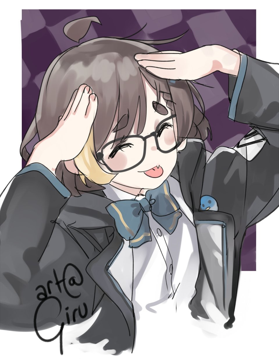 1boy, :p, ^_^, ah_eto..._bleh_(meme), ahoge, artist_name, black_jacket, blonde_streaks