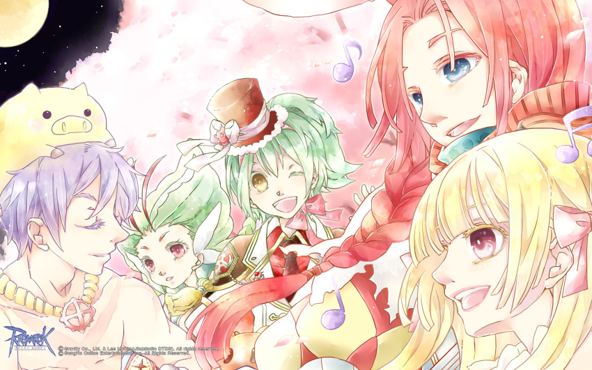 2boys, 3girls, animal_on_head, antennae, black_necktie, black_sky, blazer, blonde_hair