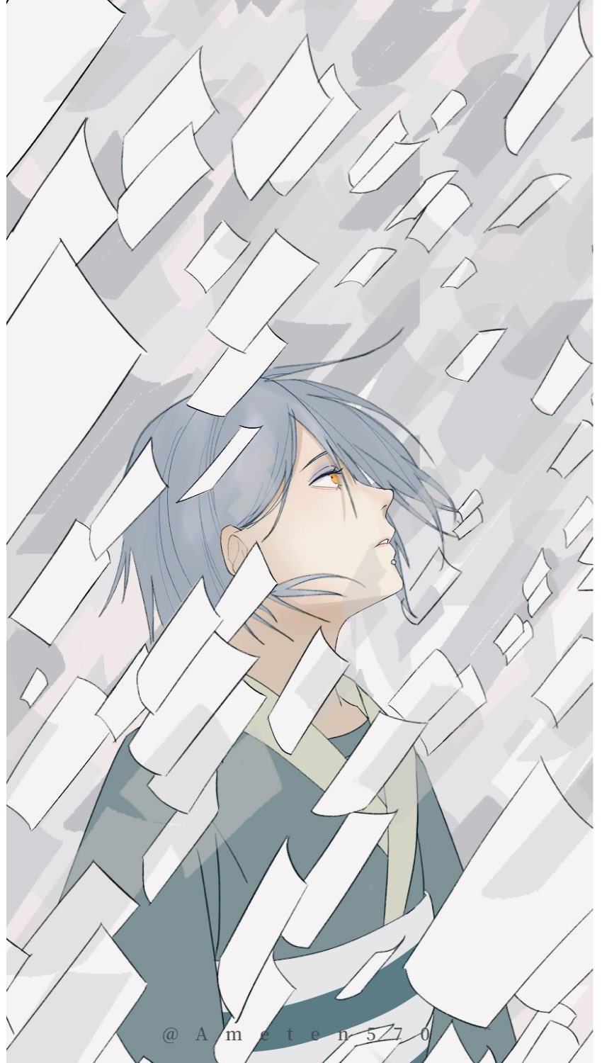 1girl, eyeshadow, grey_background, grey_kimono, highres, japanese_clothes, kimono, konan_(naruto)
