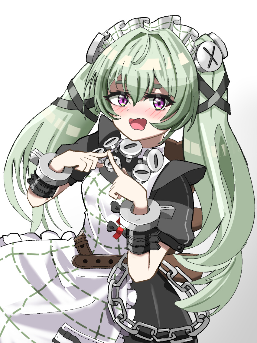 1girl, animal_bag, apron, bear_bag, belt, black_bow, black_dress, blush, bow, chain, commentary_request, corin_wickes, dress, green_hair, hair_between_eyes, hair_intakes, highres, kawakazeman, long_hair, looking_at_viewer, maid, maid_headdress, open_mouth, own_fingers_together, puffy_short_sleeves, puffy_sleeves, screw_hair_ornament, short_sleeves, simple_background, solo, twintails, violet_eyes, white_apron, white_background, zenless_zone_zero