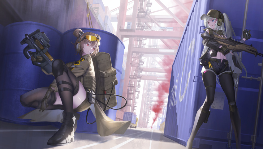 2girls, absurdres, arena_breakout, backpack, bag, black_pantyhose, black_thighhighs, blue_eyes