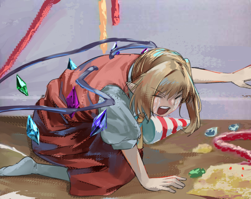 1girl, angry, blonde_hair, cake, closed_eyes, crying, crystal, flandre_scarlet