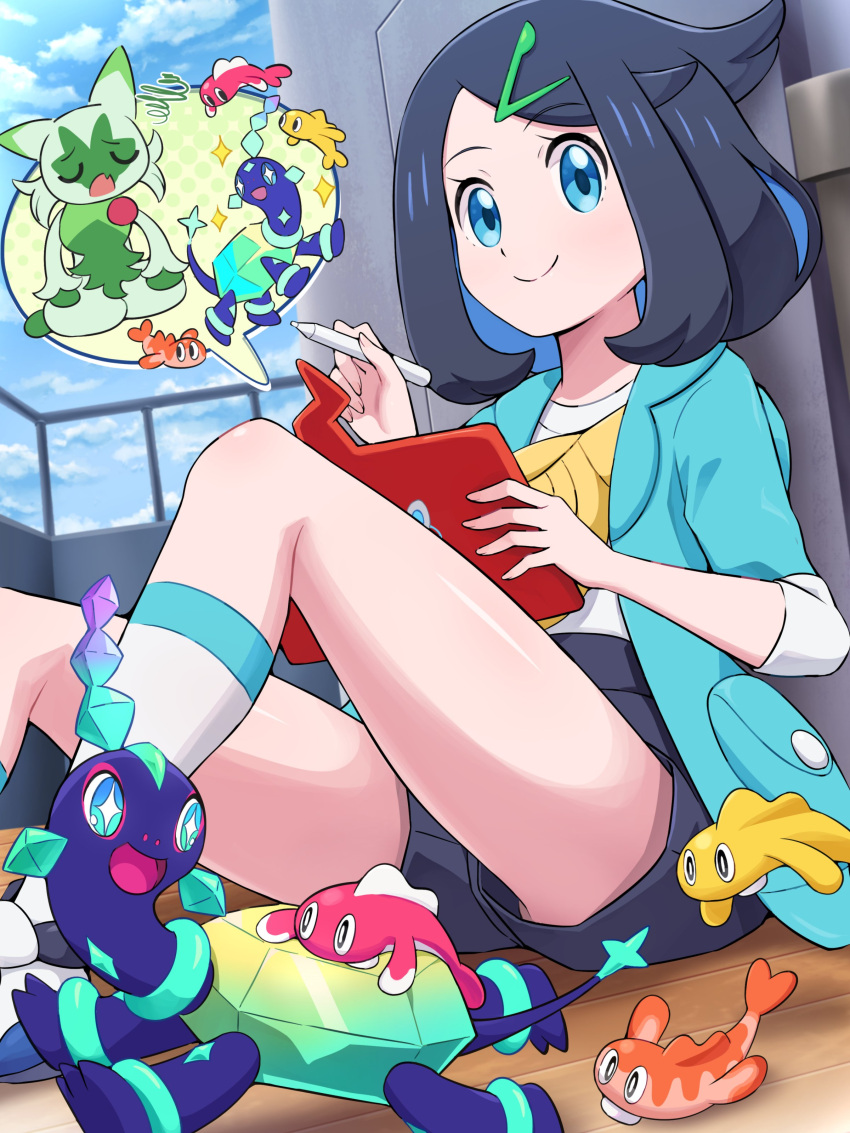 1girl, absurdres, black_hair, black_shorts, blue_eyes, blue_hair, claws, closed_eyes, closed_mouth, cowlick, eyelashes, fish, floragato, furry, hair_ornament, hairclip, highres, holding, jacket, liko_(pokemon), multicolored_hair, open_clothes, open_mouth, pokemoa, pokemon, pokemon_(anime), pokemon_(creature), pokemon_horizons, shirt, shorts, smile, tatsugiri, tatsugiri_(curly), tatsugiri_(droopy), tatsugiri_(stretchy), terapagos, terapagos_(normal), white_shirt