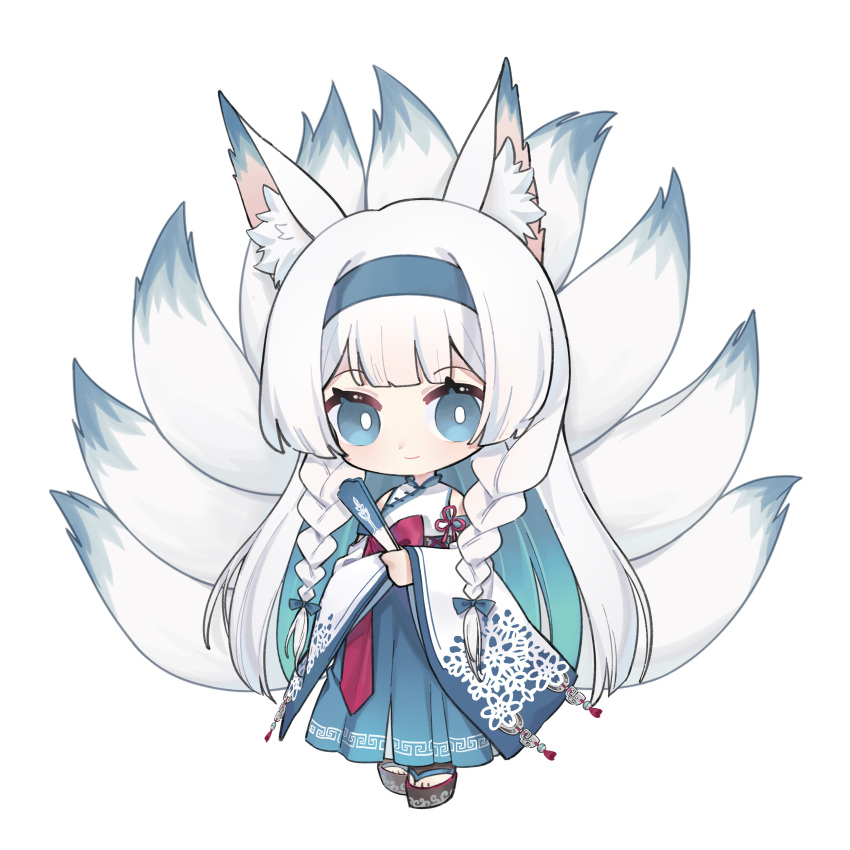 1girl, absurdres, animal_ear_fluff, animal_ears, aqua_eyes, aqua_hairband, bare_shoulders, blue_eyes, blue_hairband, blunt_bangs, braid, bright_pupils, chibi, closed_mouth, clover_theater, detached_sleeves, double-parted_bangs, folding_fan, fox_ears, fox_girl, fox_tail, full_body, hairband, hakama, hakama_skirt, hand_fan, highres, holding, japanese_clothes, jiezi_ailinna, katsuya_(clover_theater), kimono, kitsune, kyuubi, long_hair, long_sleeves, looking_at_viewer, multicolored_hair, multiple_tails, sandals, short_eyebrows, simple_background, skirt, sleeveless, sleeveless_kimono, smile, solo, standing, tail, thick_eyebrows, twin_braids, very_long_hair, white_background, white_hair, white_kimono, white_pupils, wide_sleeves, zouri