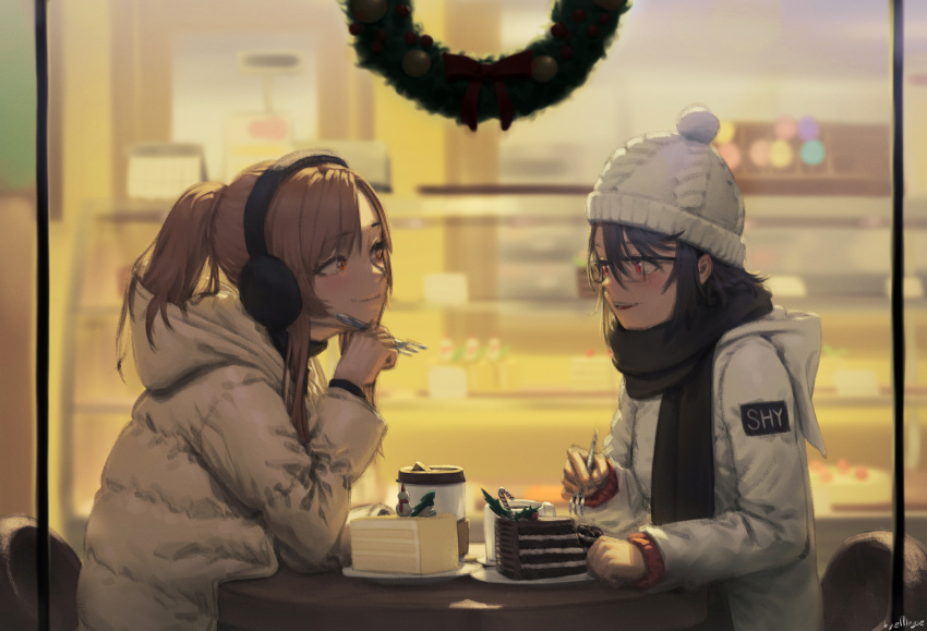 2girls, :d, absurdres, black_scarf, brown_hair, cake, candy, candy_cane