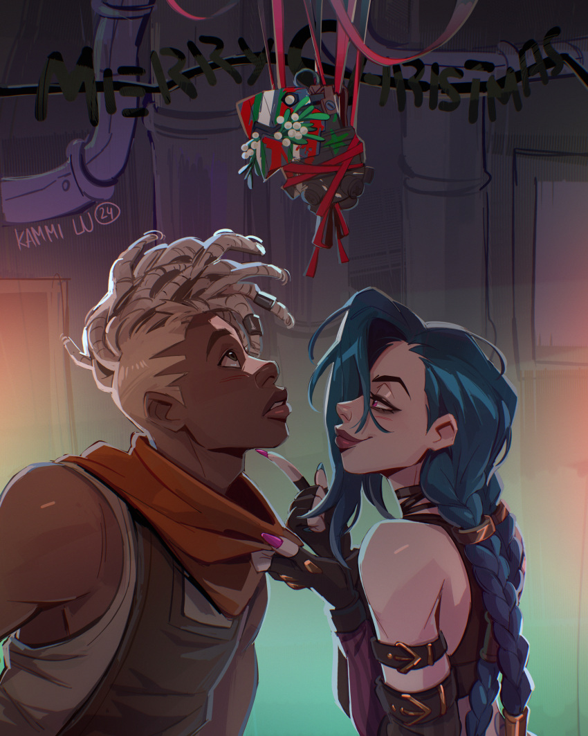 1boy, 1girl, absurdres, arcane:_league_of_legends, arcane_jinx, bare_shoulders, braid, brown_gloves