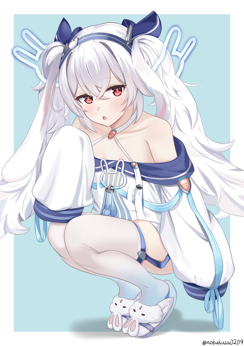 1girl, absurdres, animal_ears, animal_slippers, aqua_background, azur_lane, blue_headband, blue_ribbon