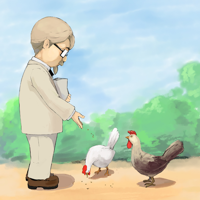 chicken, colonel_sanders, facial_hair, feeding, glasses, goatee, irony, kfc