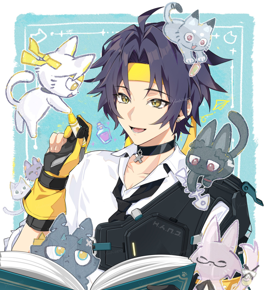 1boy, absurdres, ahoge, asaba_harumasa, asaba_harumasa_(cat), black_cat, black_hair, blue_cat