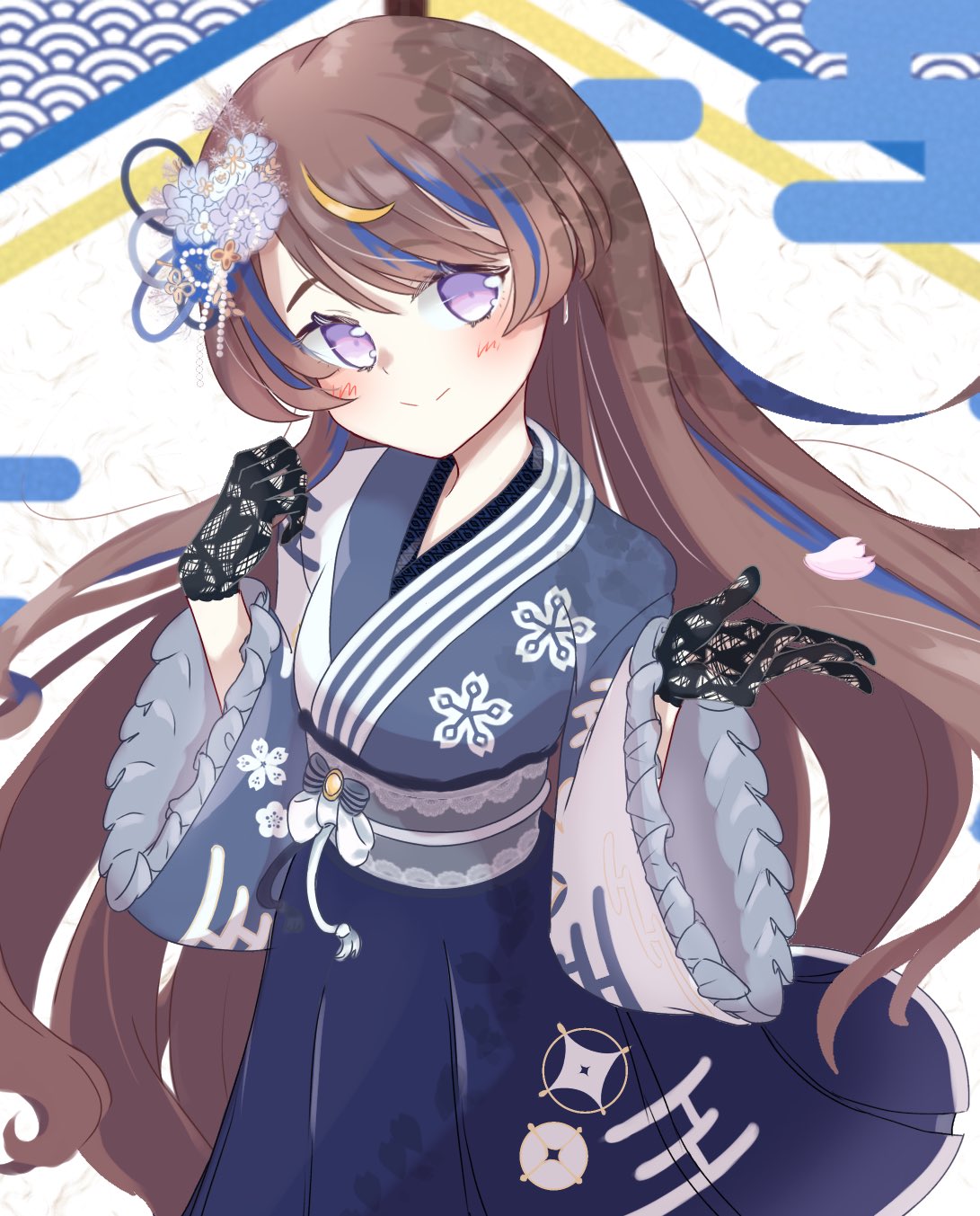 1girl, anya_melfissa, anya_melfissa_(new_year), black_gloves, blue_hair, blue_hakama, blue_kimono, brown_hair