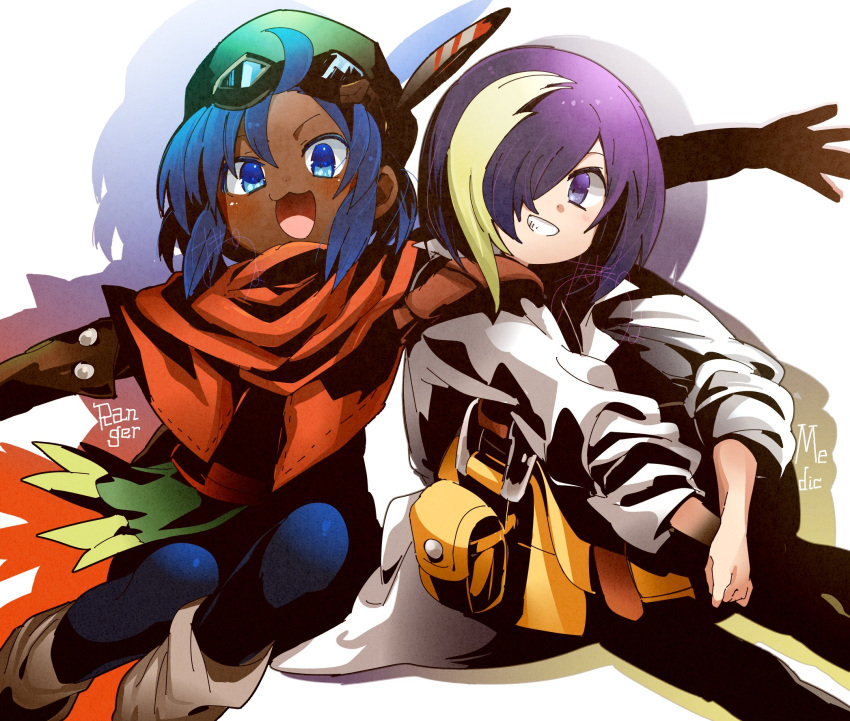 2others, :3, :d, androgynous, bag, bandana, blue_eyes, blue_hair