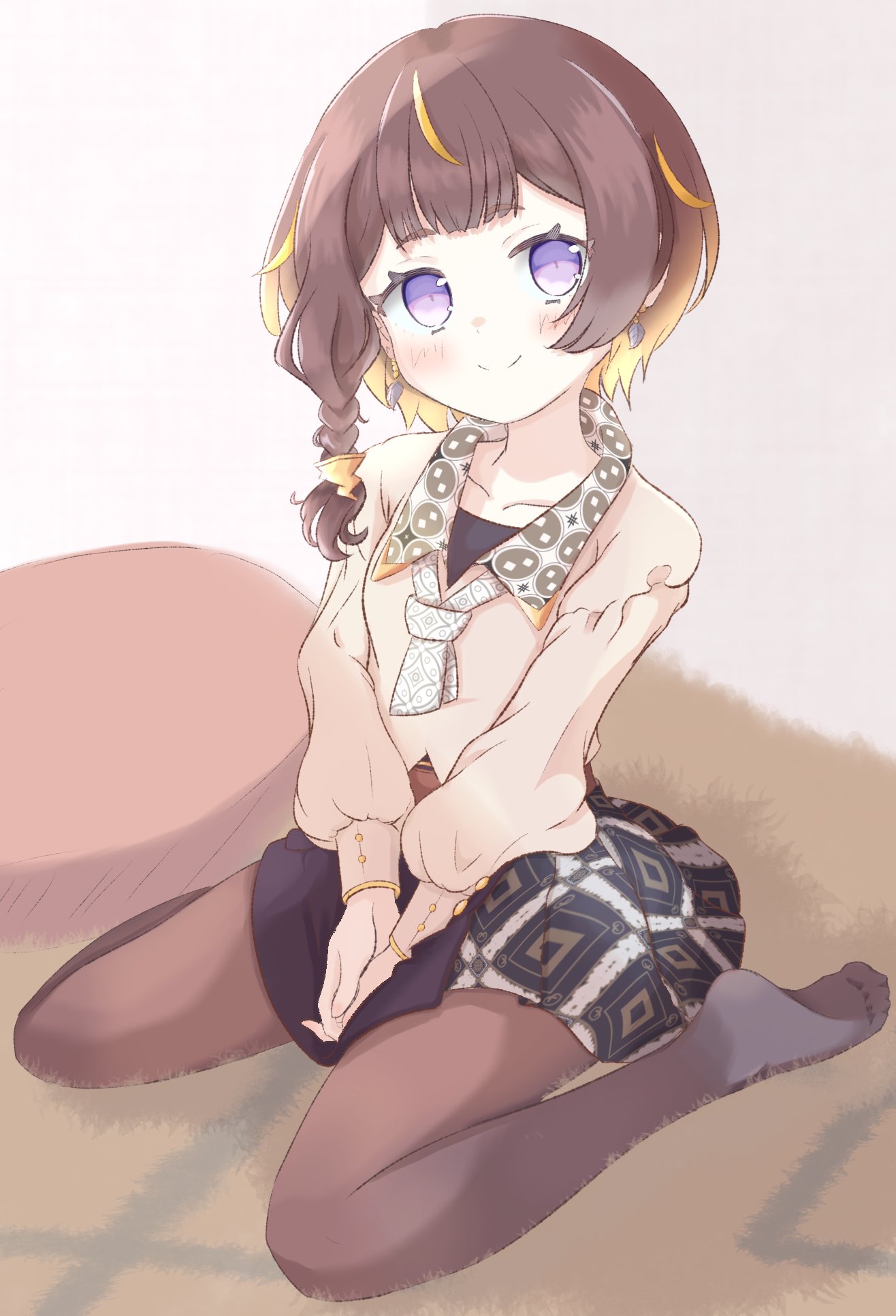 1girl, anya_melfissa, anya_melfissa_(casual), black_pantyhose, blonde_hair, braid, brown_hair, brown_shirt