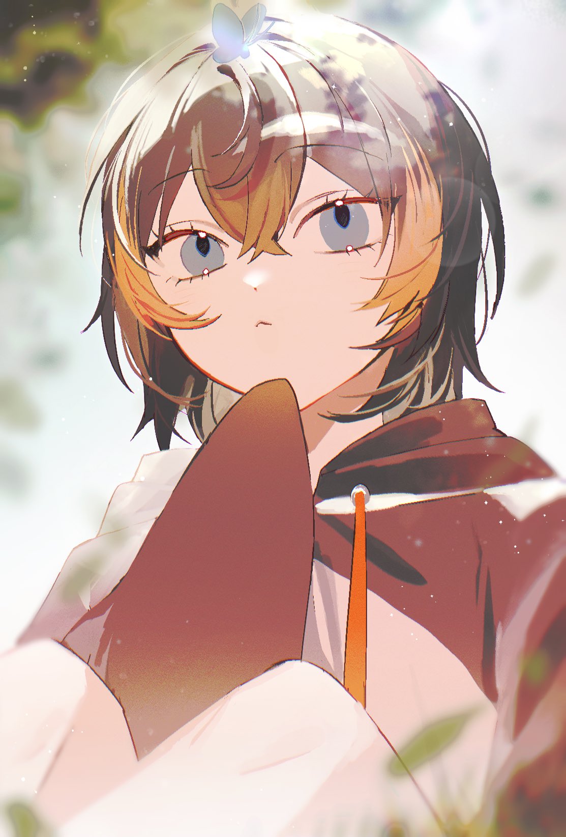 1girl, :<, bad_id, bad_twitter_id, black_hair, blue_eyes, blurry, bug