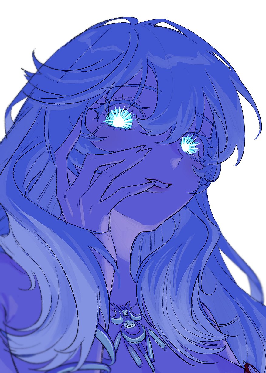1girl, artemis_(fate), blue_eyes, bracelet, fate/grand_order, fate_(series), finger_to_mouth, glowing, glowing_eyes, hair_between_eyes, hand_on_own_face, highres, hrmyk, jewelry, long_hair, looking_at_viewer, necklace, parted_lips, sidelocks, simple_background, solo, sparkling_eyes, white_background, white_hair