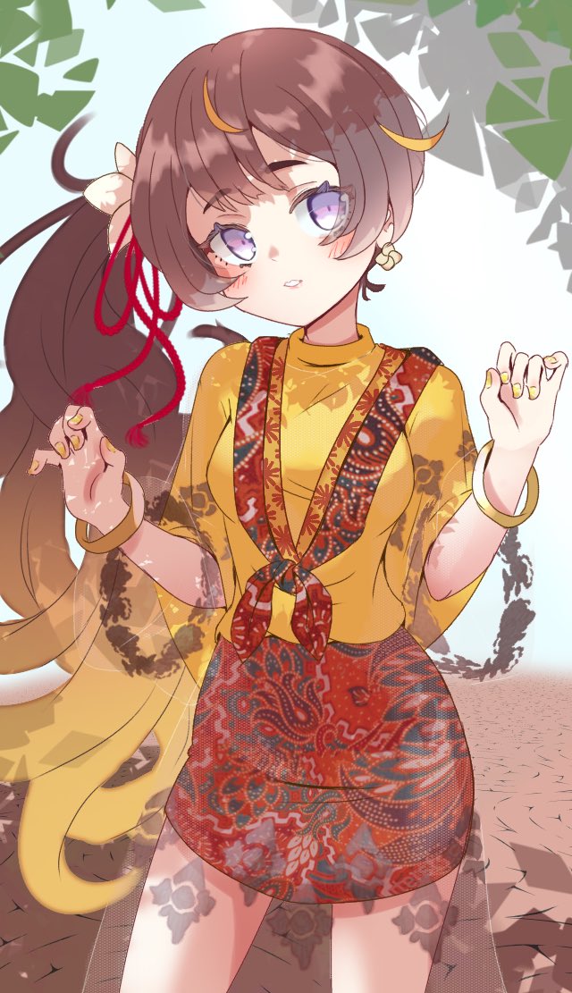 1girl, alternate_costume, alternate_hairstyle, anya_melfissa, bangle, blonde_hair, bracelet, brown_hair