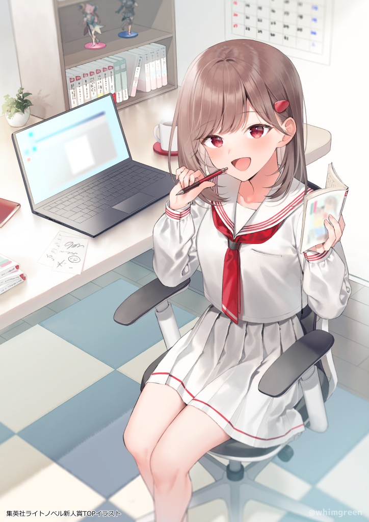 1girl, :d, brown_hair, calendar_(object), carpet, chair, checkered_carpet, commentary_request