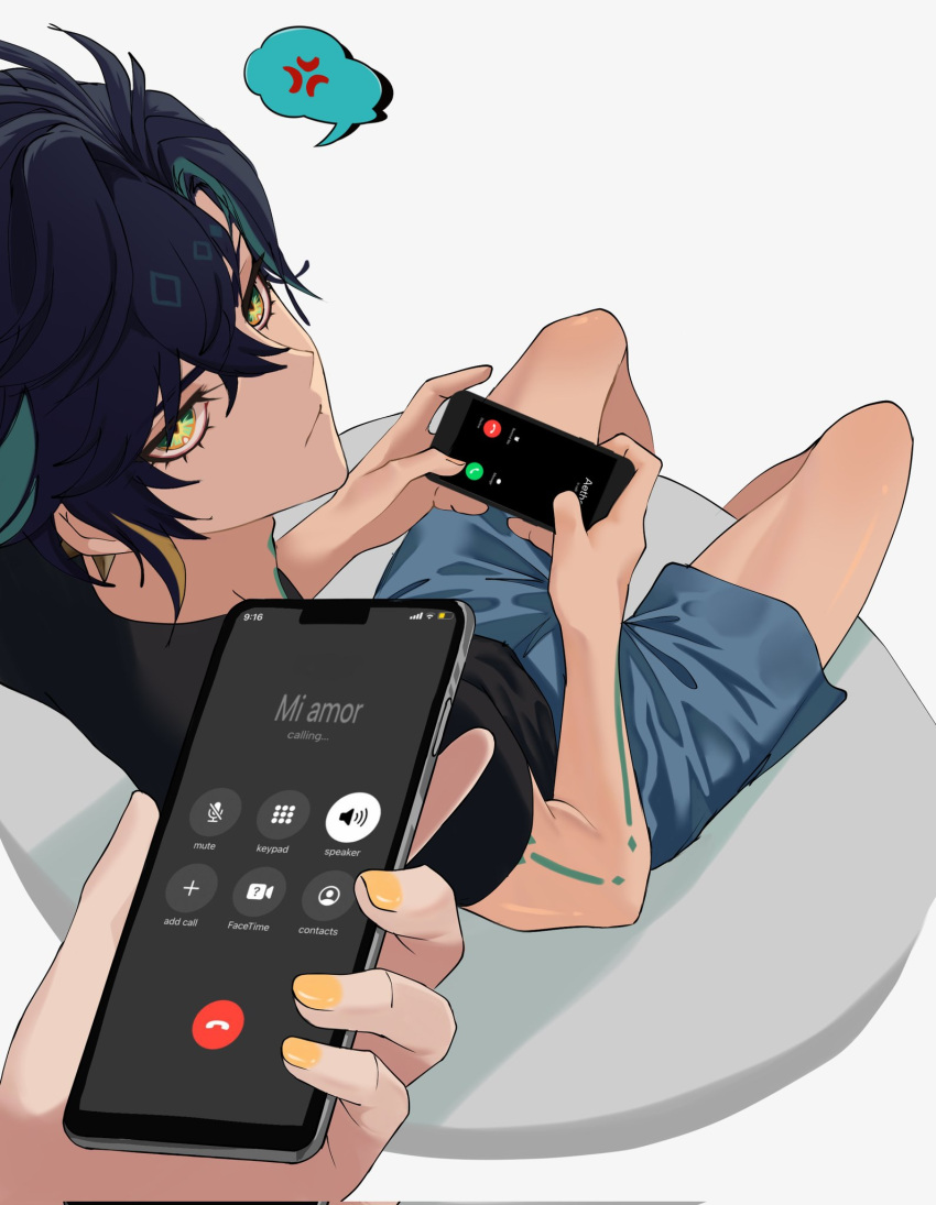 2boys, arm_tattoo, black_hair, black_shirt, blue_shorts, cellphone, closed_mouth, didin_ed, earrings, genshin_impact, green_hair, hair_between_eyes, highres, holding, holding_phone, iphone, jewelry, kinich_(genshin_impact), looking_at_viewer, male_focus, multicolored_hair, multiple_boys, phone, shirt, shorts, sitting, smartphone, tattoo, white_background